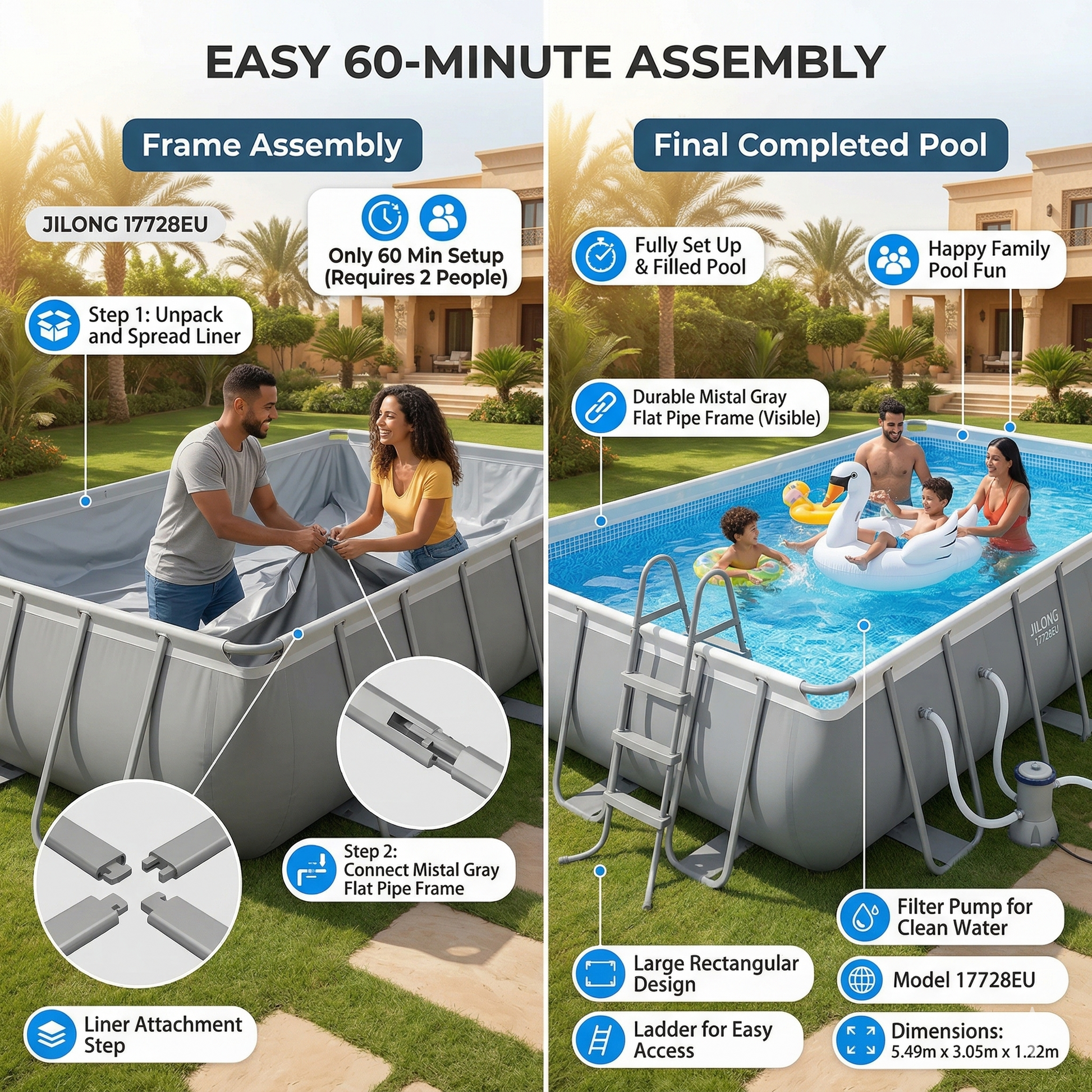 Step-by-step assembly of a JILONG pool with final completed pool setup.