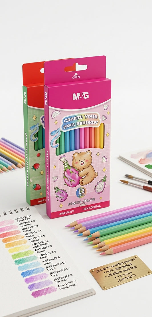 M&G Chenguang Pastel Colored Pencils, 12 Colors – Hexagonal Wooden Pencil Set for Drawing, Coloring & School - No:AWP343F7