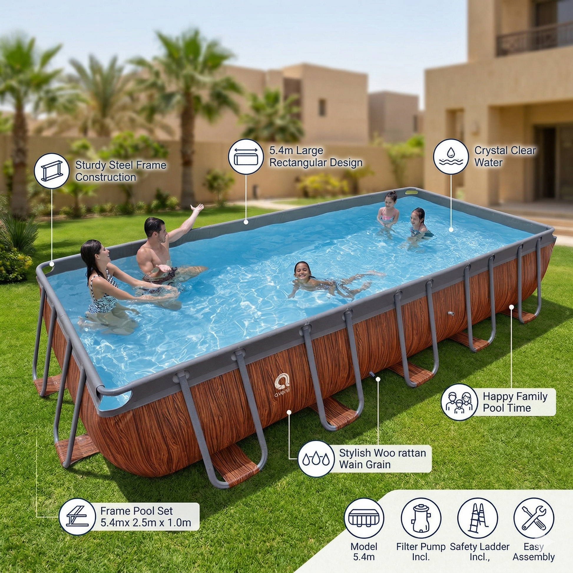 Children playing in a rectangular above-ground pool with features highlighted on a sunny day.