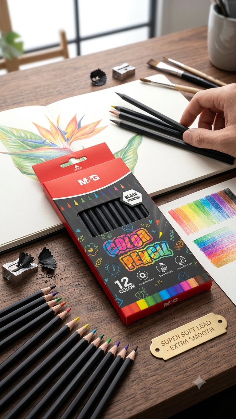 M&G Chenguang Black Wooden Colored Pencils – Hexagonal Shape, Super Soft Lead, Extra Smooth Drawing 12 Colors  - No: AWP39817