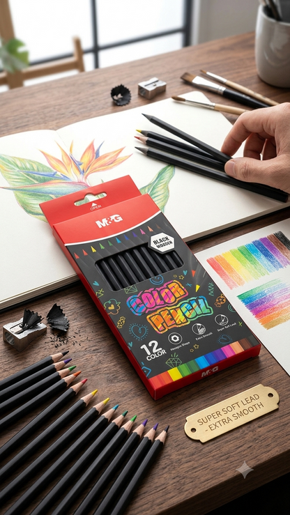 M&G Chenguang Black Wooden Colored Pencils – Hexagonal Shape, Super Soft Lead, Extra Smooth Drawing 12 Colors  - No: AWP39817