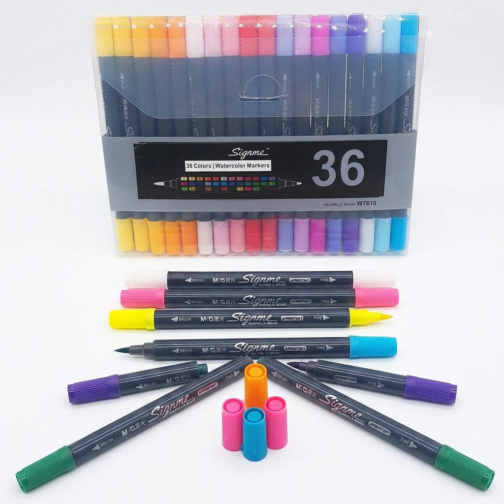 M&G set of 36 water-soluble double-head markers flatlay with swatches