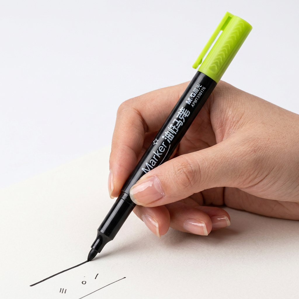 Hand writing on a glass surface with the M&G oil-based paint marker