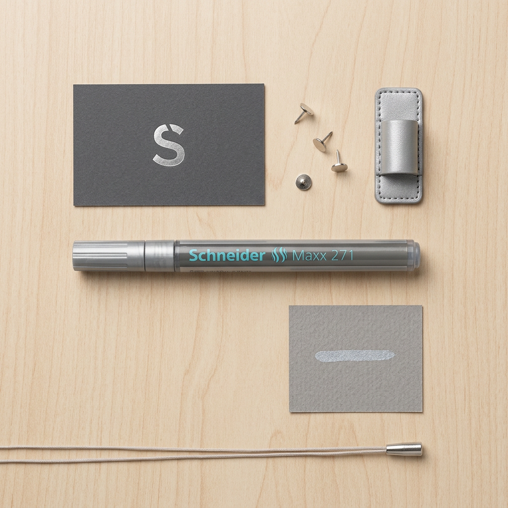 Schneider Maxx 271 silver paint marker flatlay with silver-marked sample