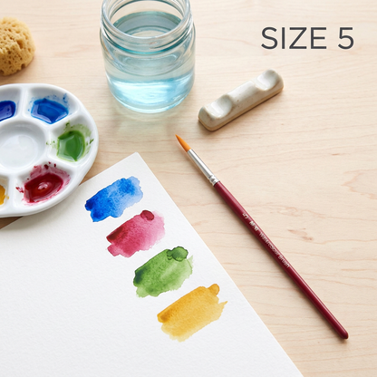 M&G watercolor round brush size 5 flatlay with palette and swatches