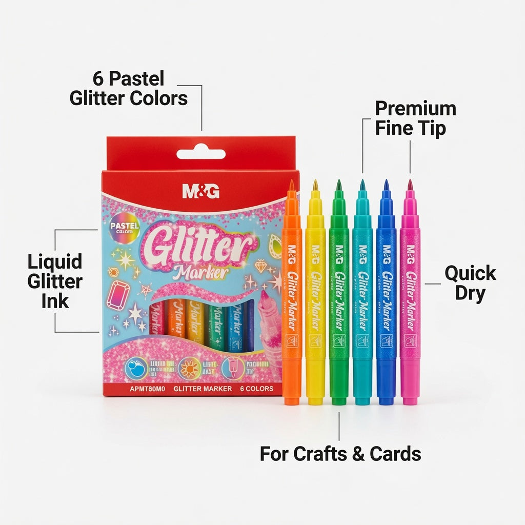 M&G Chenguang Glitter Markers Set – 6 Pastel Glitter Colours, Premium Fine Tip, Quick Dry, Liquid Glitter Ink for Crafts, Cards & Creative Art - No: APMT80M0
