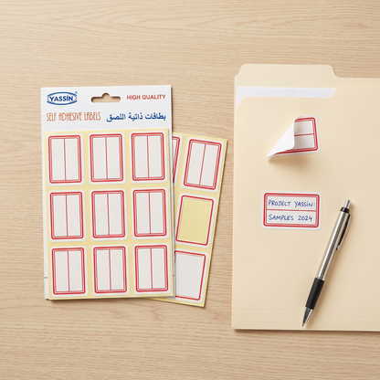 Yassin white 6-up labels pack flatlay with handwritten label on folder