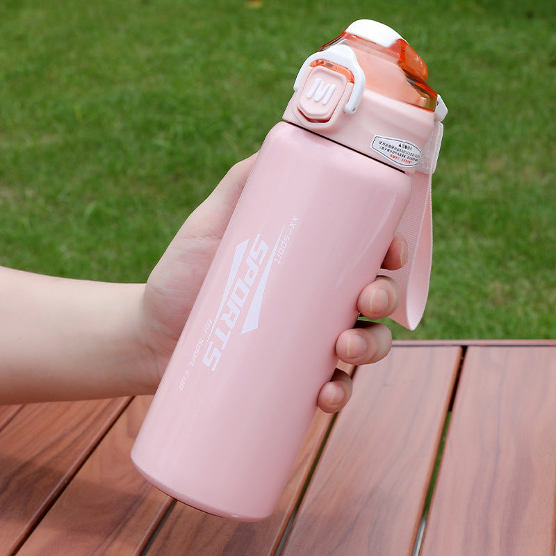 Sports Stainless Steel Water Bottle 600ml | Leak Proof Vacuum Insulated Flask | Hot & Cold Thermos Bottle with Strap for Gym, School, Office & Travel