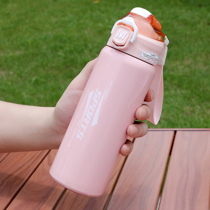 Sports Stainless Steel Water Bottle 600ml | Leak Proof Vacuum Insulated Flask | Hot & Cold Thermos Bottle with Strap for Gym, School, Office & Travel