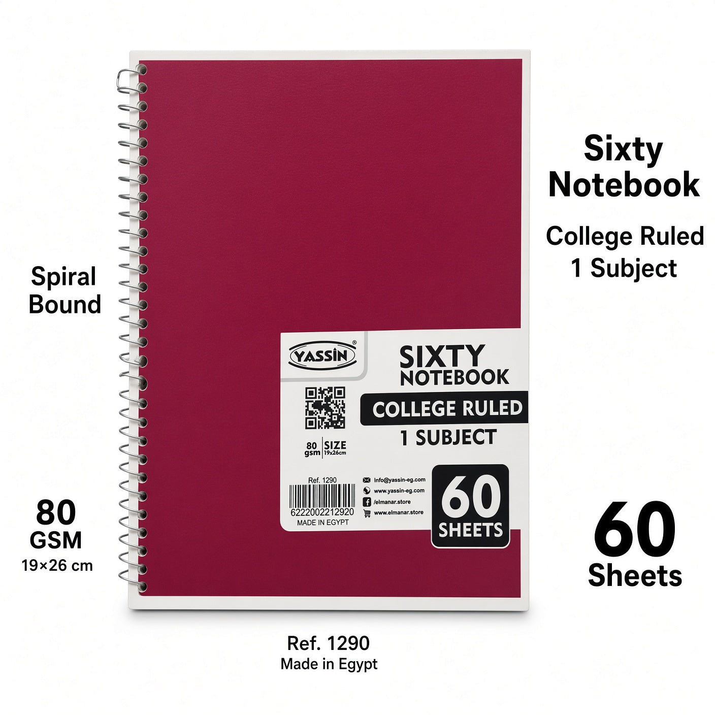 YASSIN Sixty Notebook – College Ruled, 1 Subject, 60 Sheets, 80 GSM, 19 × 26 cm, Spiral Bound - No: 1290