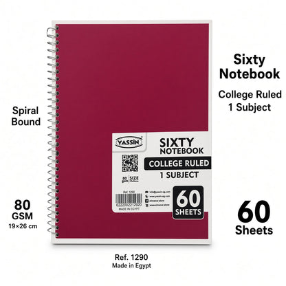 YASSIN Sixty Notebook – College Ruled, 1 Subject, 60 Sheets, 80 GSM, 19 × 26 cm, Spiral Bound - No: 1290