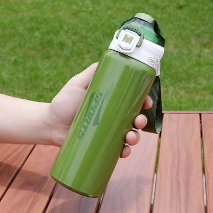 Sports Stainless Steel Water Bottle 600ml | Leak Proof Vacuum Insulated Flask | Hot & Cold Thermos Bottle with Strap for Gym, School, Office & Travel