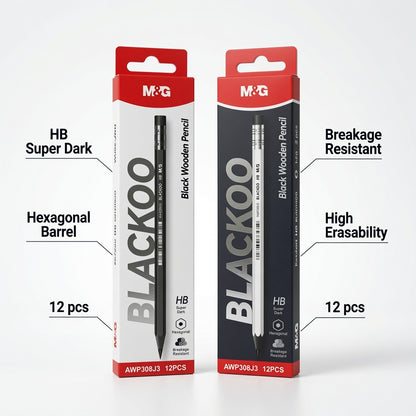 M&G Chenguang Blackoo HB Wooden Pencils – Super Dark Graphite, Break-Resistant Hexagonal Pencils, 12-Pack, School & Office Use  - No: AWP308J3
