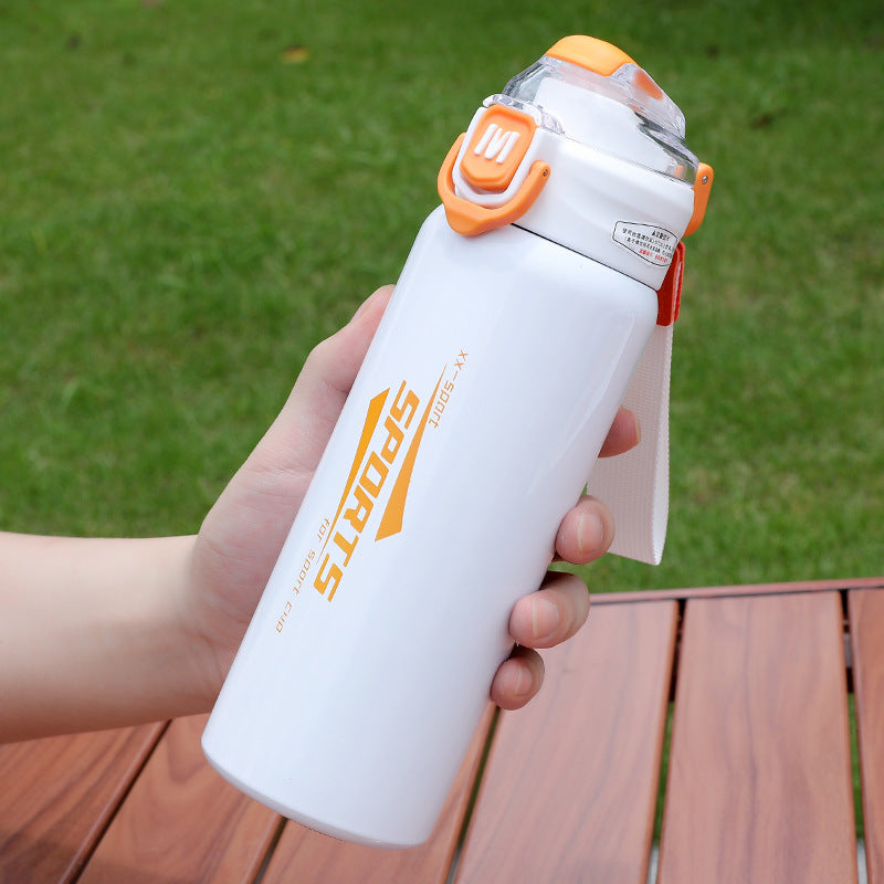 Sports Stainless Steel Water Bottle 600ml | Leak Proof Vacuum Insulated Flask | Hot & Cold Thermos Bottle with Strap for Gym, School, Office & Travel