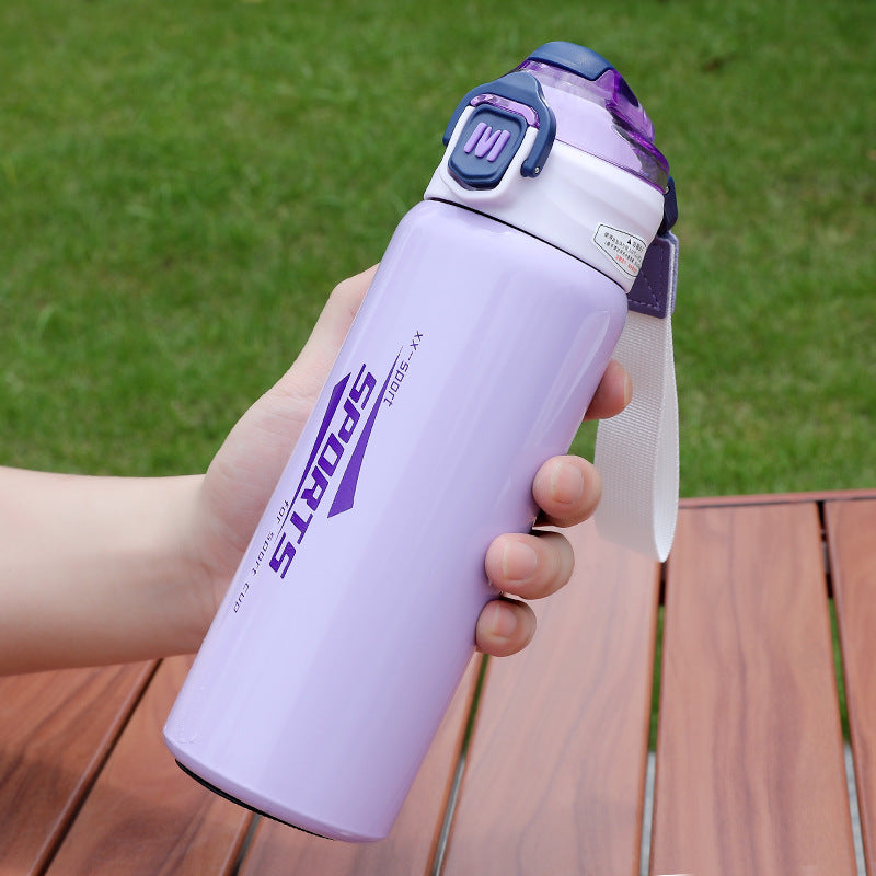 Sports Stainless Steel Water Bottle 600ml | Leak Proof Vacuum Insulated Flask | Hot & Cold Thermos Bottle with Strap for Gym, School, Office & Travel