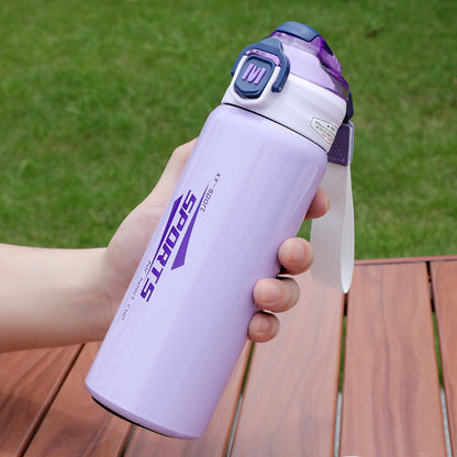 Sports Stainless Steel Water Bottle 600ml | Leak Proof Vacuum Insulated Flask | Hot & Cold Thermos Bottle with Strap for Gym, School, Office & Travel