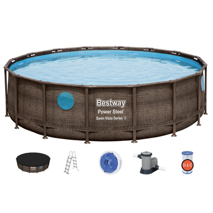 Bestway Rattan Round Pool 488 x 122 cm Standard Filter Pump Large Outdoor Swimming Pool - No:56725