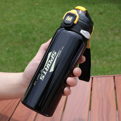 Sports Stainless Steel Water Bottle 600ml | Leak Proof Vacuum Insulated Flask | Hot & Cold Thermos Bottle with Strap for Gym, School, Office & Travel