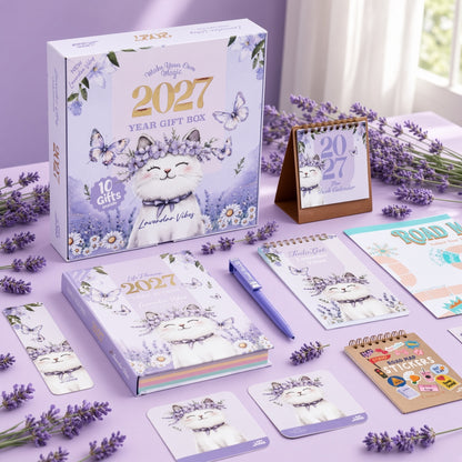 Mofakera Lavendar Vibes 2027 Year Gift Box – Luxury A5 Daily Planner & 10-Piece Stationery Gift Set - Purple ( Agenda )