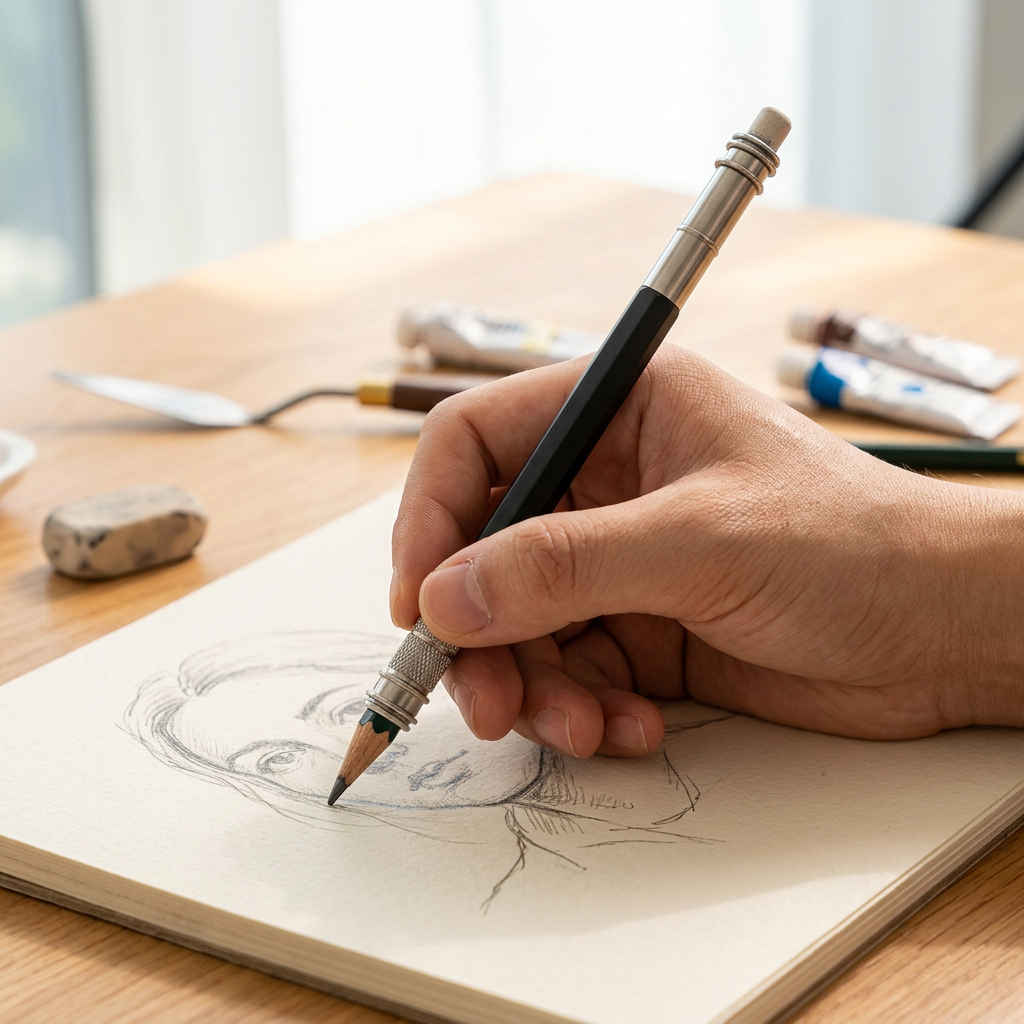 Adjustable dual-head pencil extender holder in use gripping a short pencil