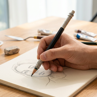 Adjustable dual-head pencil extender holder in use gripping a short pencil