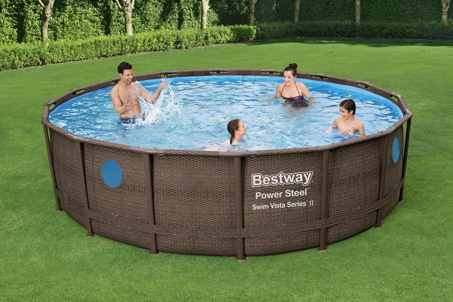 Bestway Rattan Round Pool 488 x 122 cm Standard Filter Pump Large Outdoor Swimming Pool - No:56725