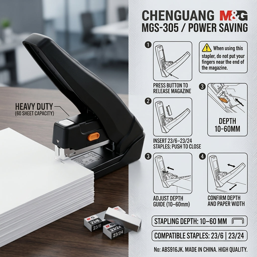 M&G Chenguang MGS-305 Heavy Duty Power Saving Stapler, 23/6–23/24 Staples, Up to 60 Sheets - No: ABS916JK