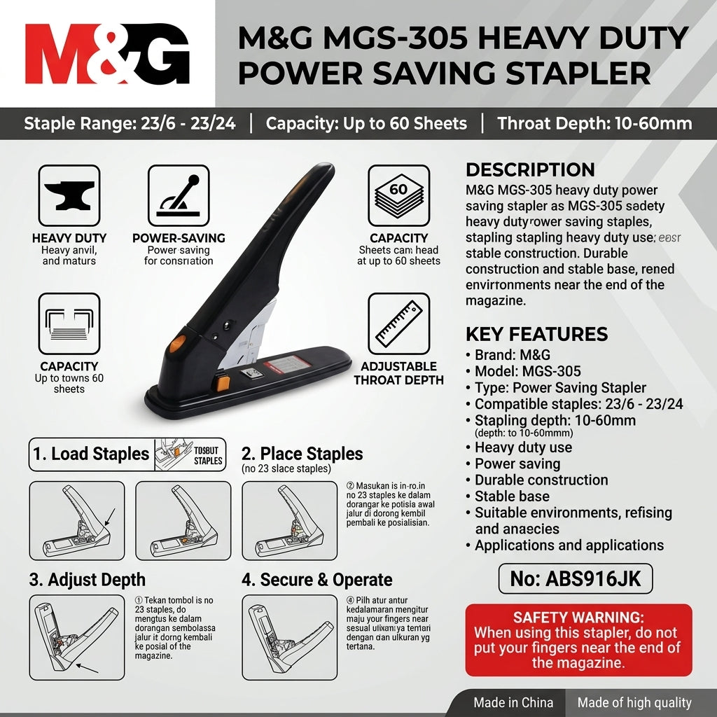 M&G Chenguang MGS-305 Heavy Duty Power Saving Stapler, 23/6–23/24 Staples, Up to 60 Sheets - No: ABS916JK