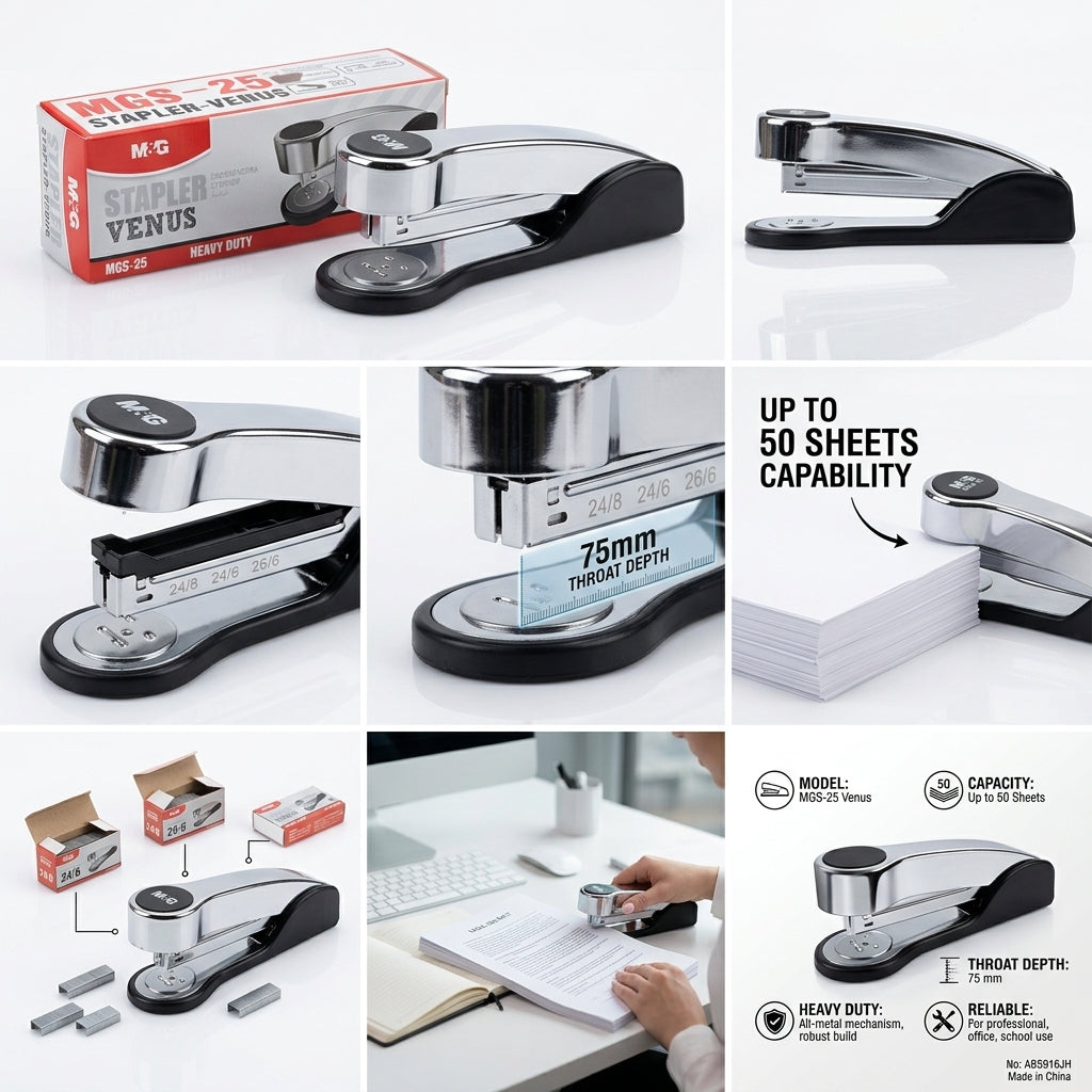 M&G Chenguang MGS-25 Heavy Duty Stapler – Up to 50 Sheets, Compatible with 24/8, 24/6 & 26/6 Staples - 1pcs - No: ABS916JH