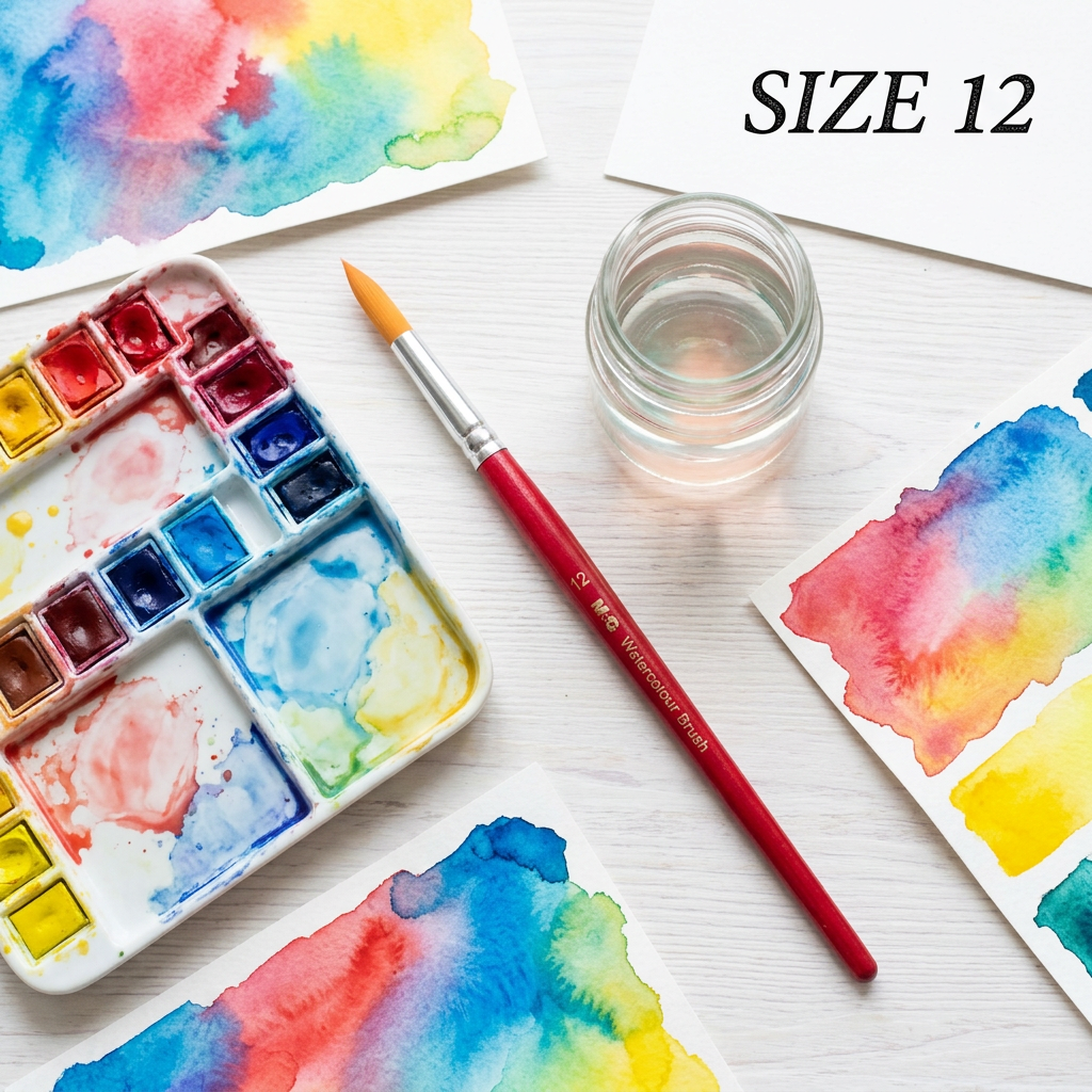 M&G watercolor round brush size 12 large wash flatlay with palette