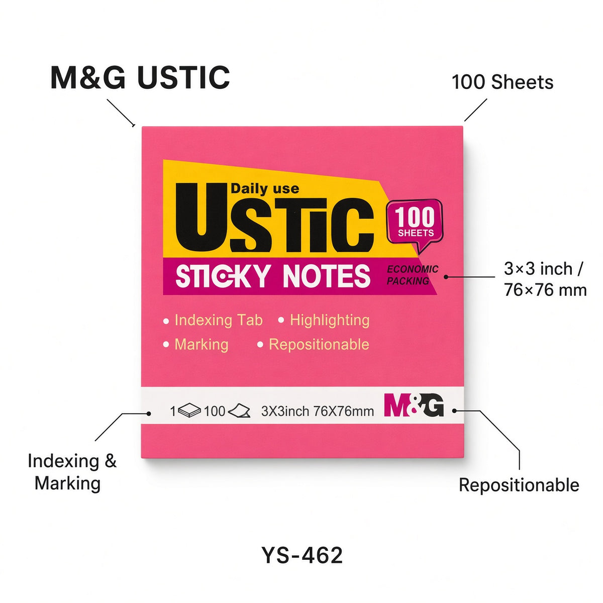 M&G Chenguang USTIC Sticky Notes – 100 Sheets, 3 × 3 Inch (76 × 76 mm) – Repositionable Self-Stick Notes - No: YS-462