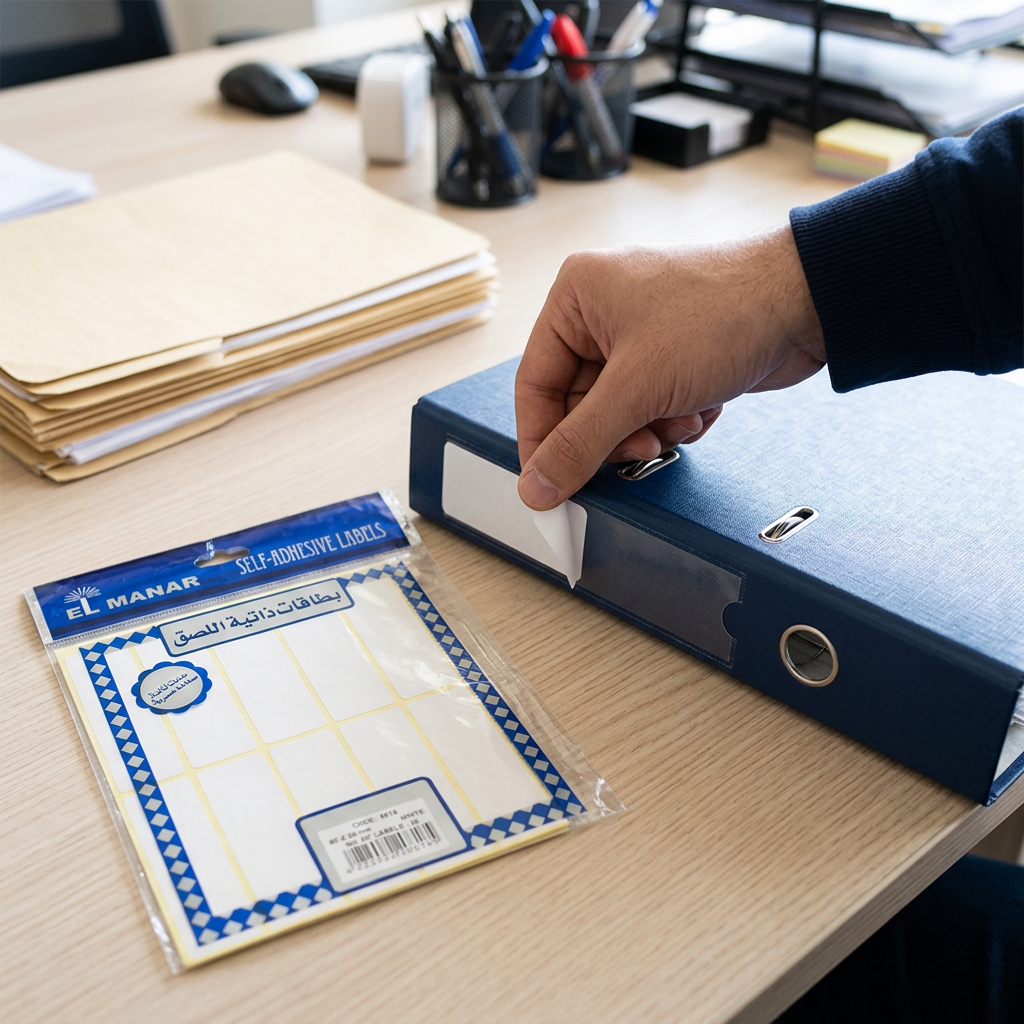 Labeling a file folder with a white blank El Manar self-adhesive label