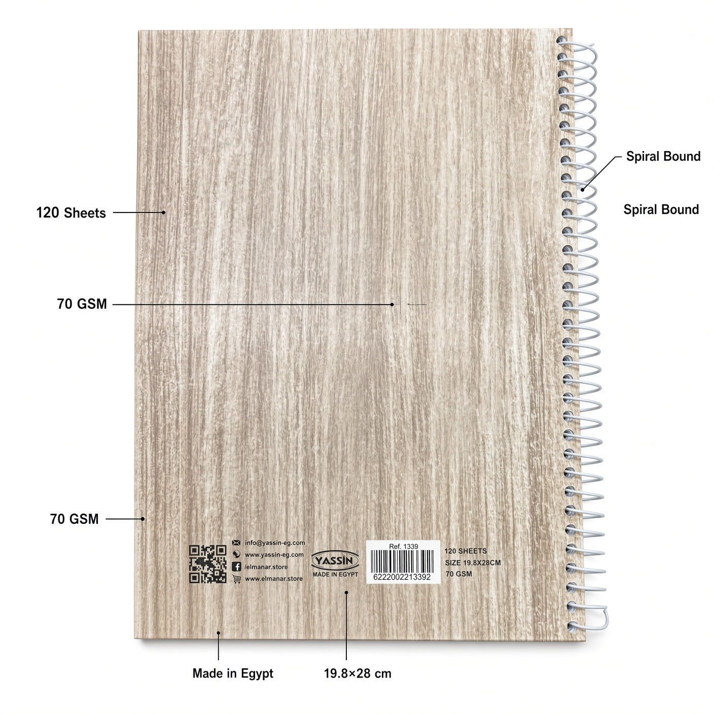 YASSIN Spiral Notebook – 120 Sheets, 70 GSM, 19.8 × 28 cm, Ruled Pages, Wood Design Cover - 1pcs - No: 1339