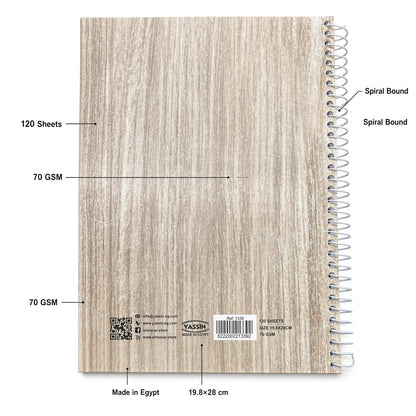 YASSIN Spiral Notebook – 120 Sheets, 70 GSM, 19.8 × 28 cm, Ruled Pages, Wood Design Cover - 1pcs - No: 1339