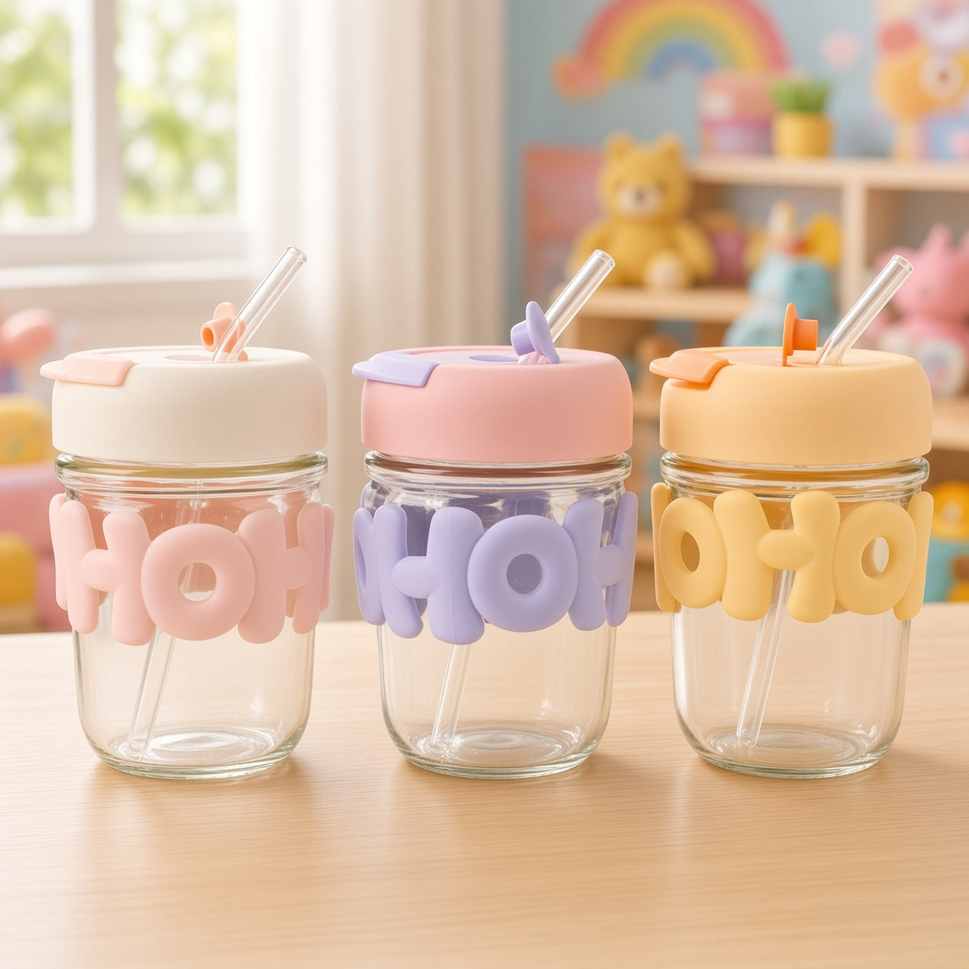 Cute OHOI Kids Water Bottle with Straw Water Cup, Glass Cup, Straw Cup for Women, Cute Portable Heat Resistant Cup – 480ml