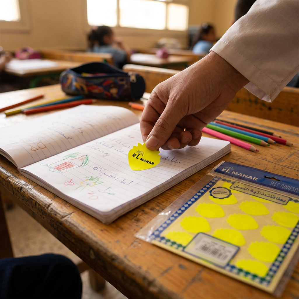Teacher placing an El Manar yellow strawberry reward sticker on a notebook
