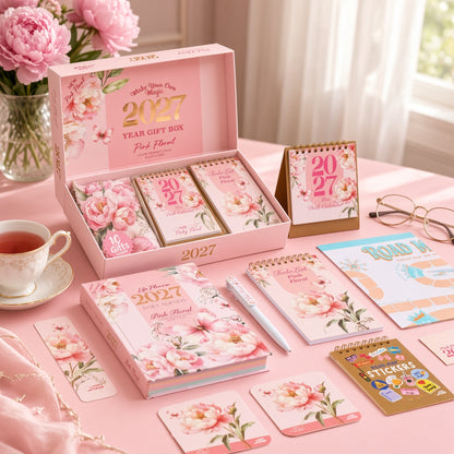 Mofakera Pinky Floral 2027 Year Gift Box – Luxury A5 Daily Planner & 10-Piece Stationery Gift Set - Pink ( Agenda )