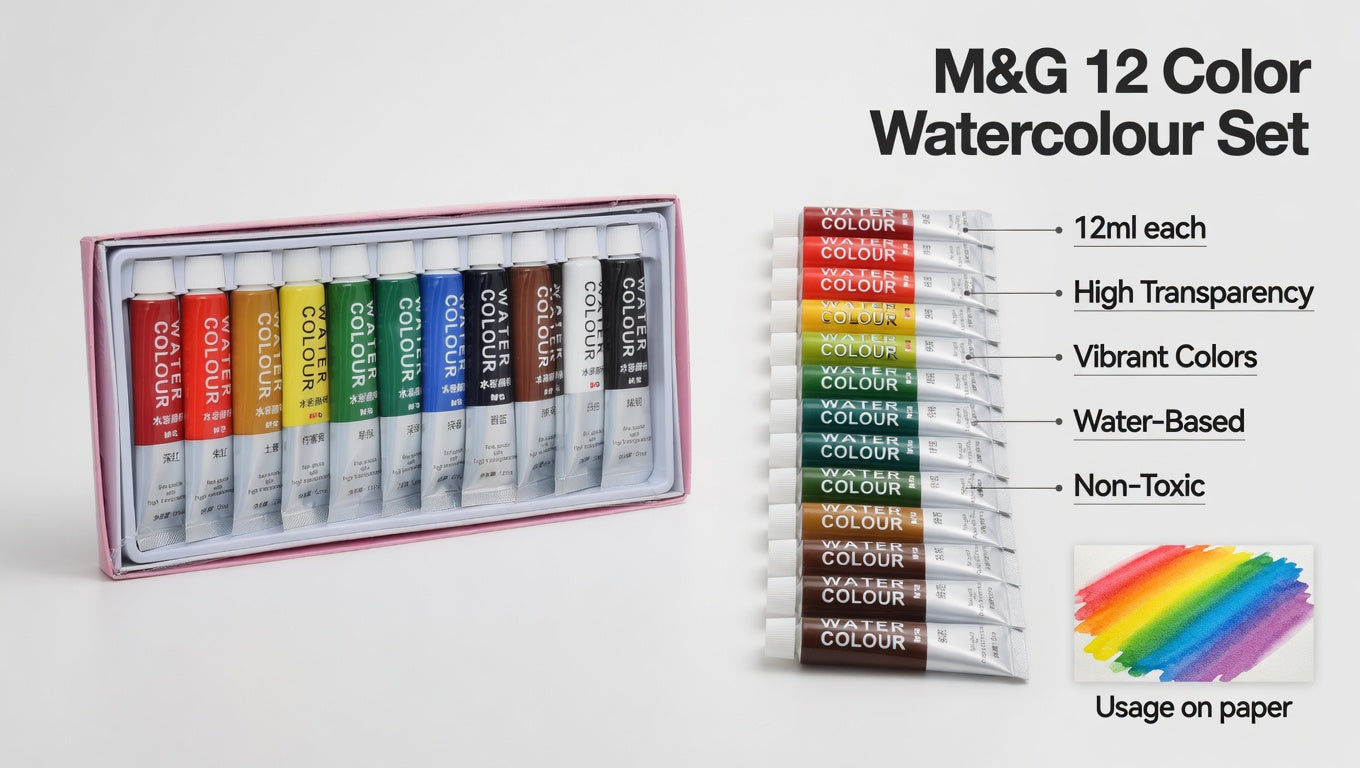M&G Chenguang Watercolor Tubes, Vibrant Artistic Creations, Non-Toxic, 12 Colors - 12ml - No: APL976F8
