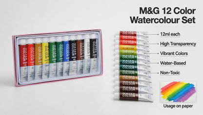 M&G Chenguang Watercolor Tubes, Vibrant Artistic Creations, Non-Toxic, 12 Colors - 12ml - No: APL976F8