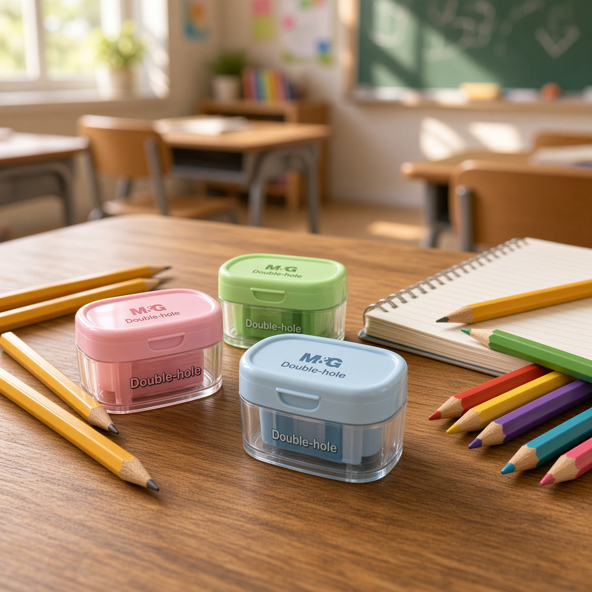 M&G Chenguang Double Hole Pencil Sharpener with Container  – Dual-Hole Sharpener for Standard & Thick Pencils - 1pcs - No: APS912F9