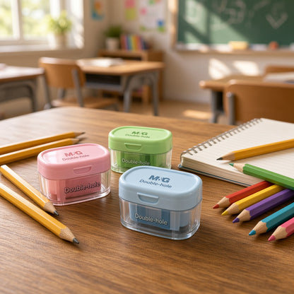 M&G Chenguang Double Hole Pencil Sharpener with Container  – Dual-Hole Sharpener for Standard & Thick Pencils - 1pcs - No: APS912F9