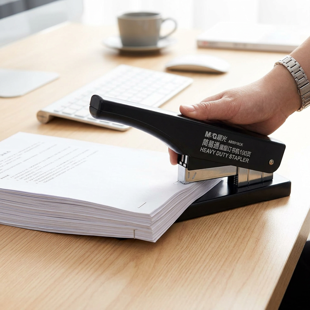 M&G Chenguang heavy-duty stapler in use binding a thick stack of papers on an office desk