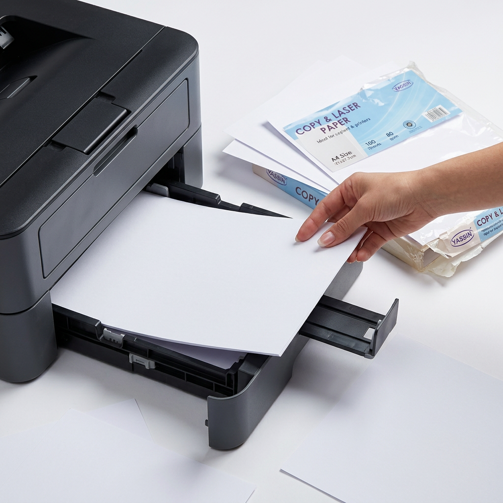 Hand loading Yassin A4 white copy paper into an office printer tray
