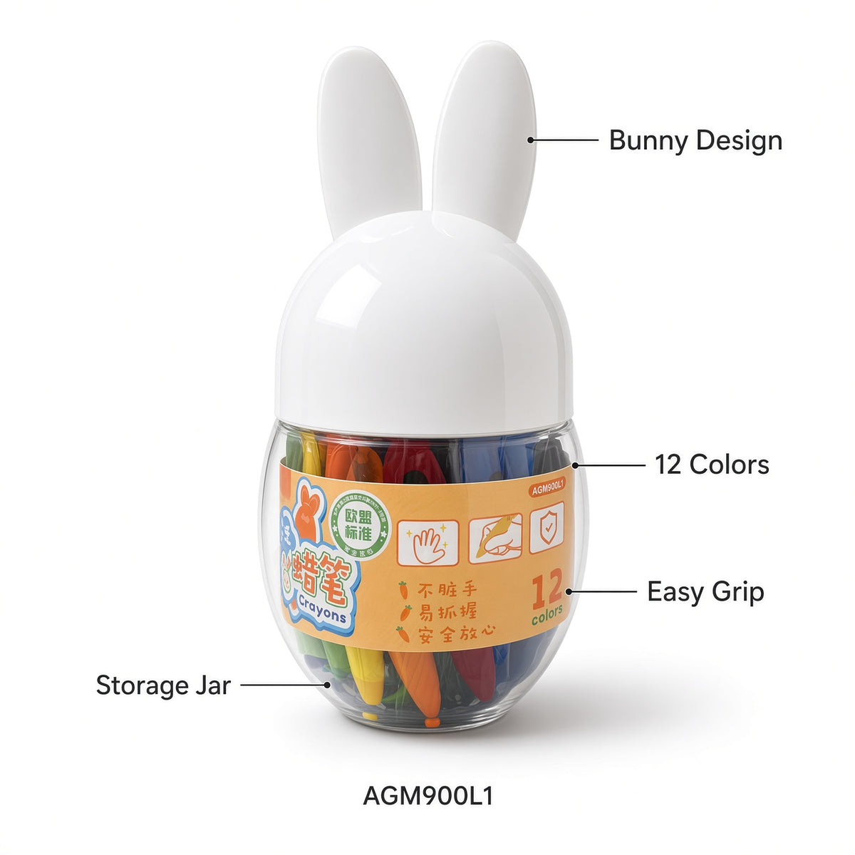 M&G Chenguang Bunny-Shaped Crayon Set – 12 Colors, Easy-Grip Design, Creative Coloring Crayons – No: AGM900L1