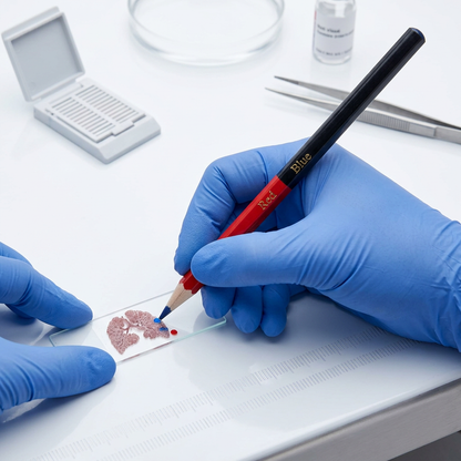 Gloved hand marking a lab specimen with the 2-colour histology pen