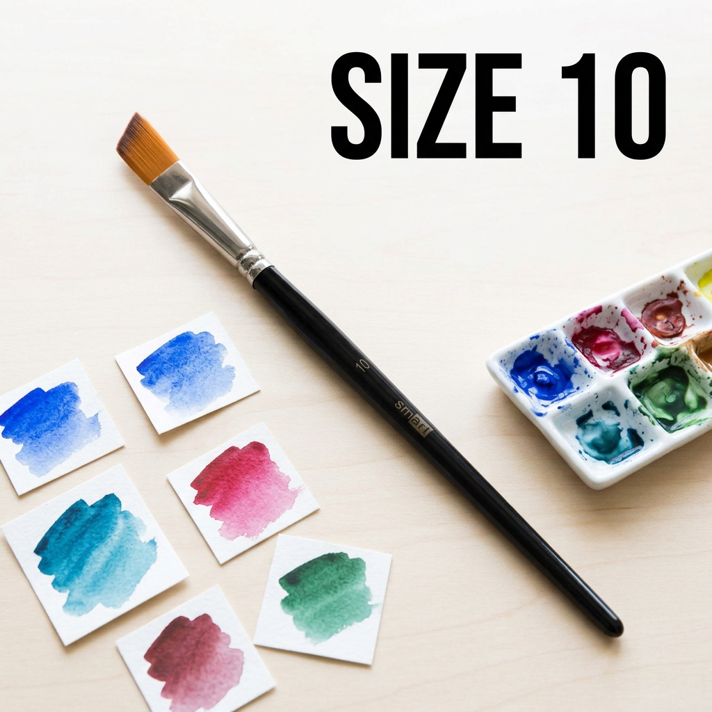 Creative angled paint brush size 10 flatlay with palette and swatches