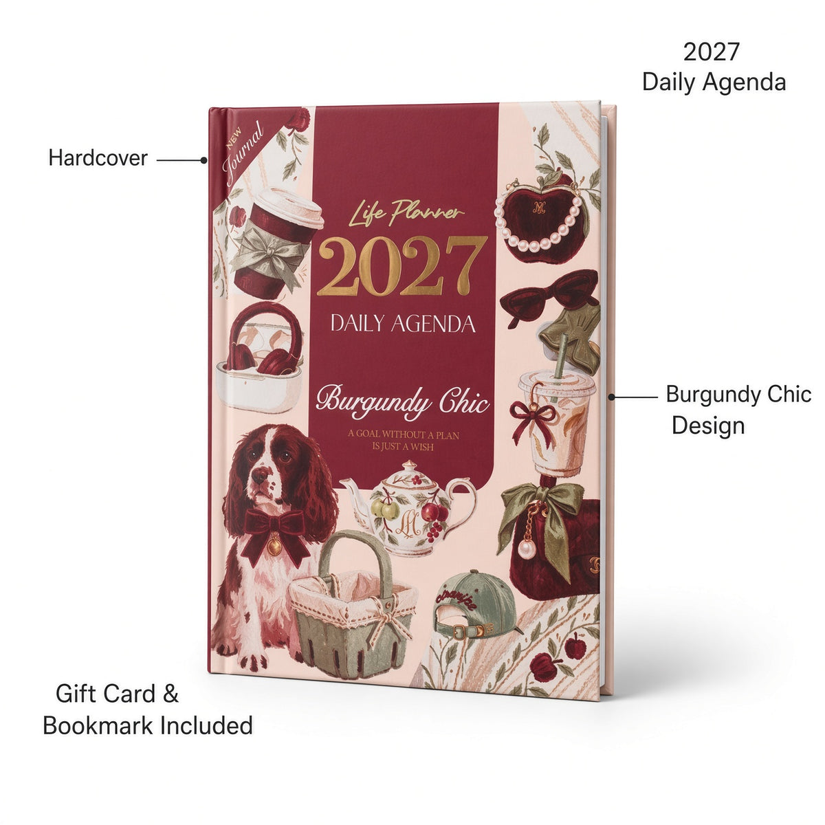 Mofakera Burgundy Chic Hardcover Daily Agenda 2027 – Premium Planner with Gift Card & Bookmark - Size: A5 - Drak Red (Agenda)
