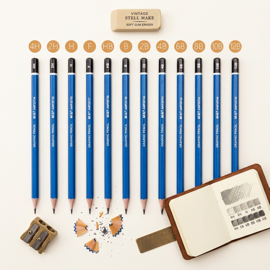 M&G professional wooden pencils flatlay with sketchbook and sharpener