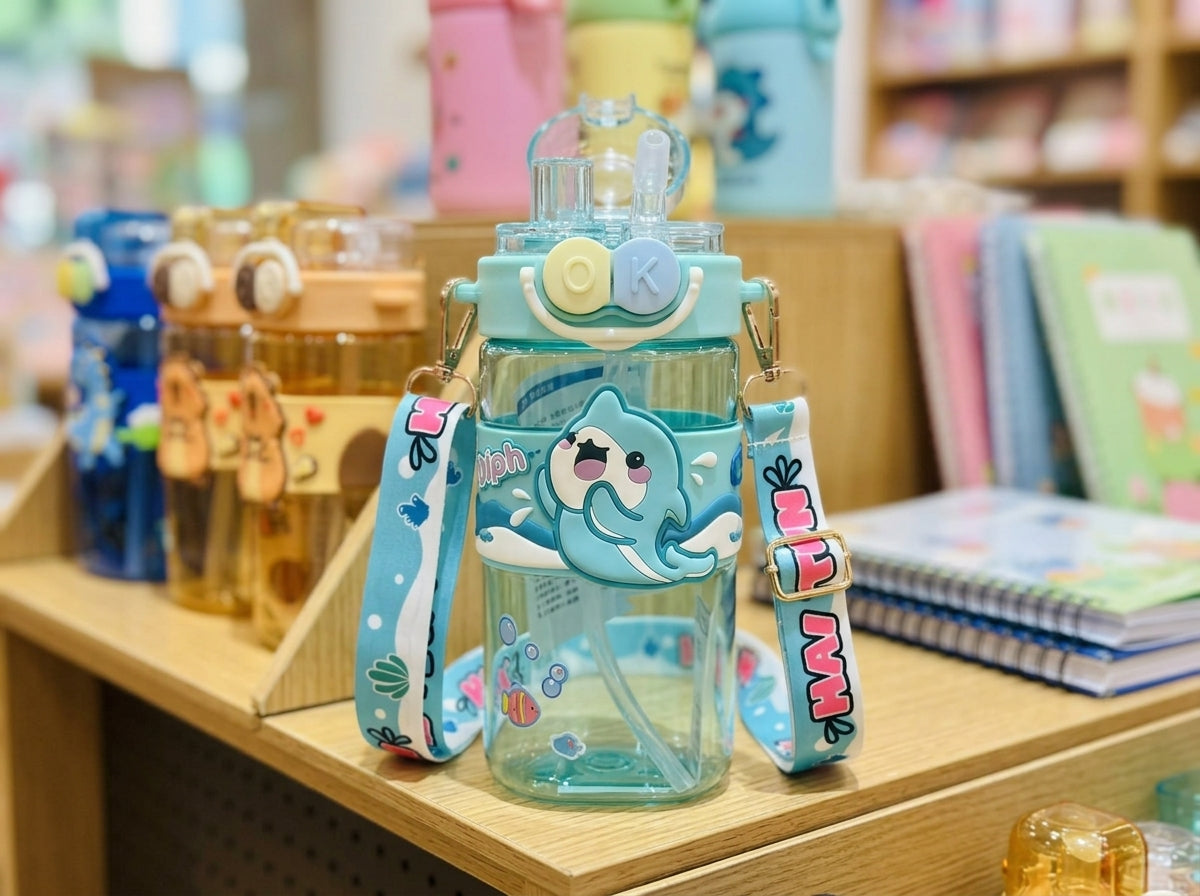 Cute Kids Cartoon Water Bottle with Straw & Carry Strap  2 in 1 Straw and Light Wide Capacity Cartoon Square Drinking Cup with Binoculars for Students - Double Cup Leak Proof Safe Lid – 520ml - 1pcs