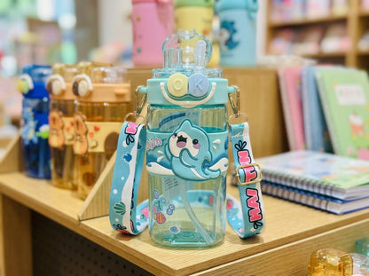 Cute Kids Cartoon Water Bottle with Straw & Carry Strap  2 in 1 Straw and Light Wide Capacity Cartoon Square Drinking Cup with Binoculars for Students - Double Cup Leak Proof Safe Lid – 520ml - 1pcs